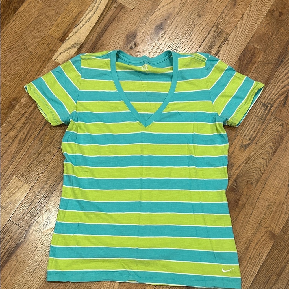 Nike Green and Blue Striped V-Neck Tee